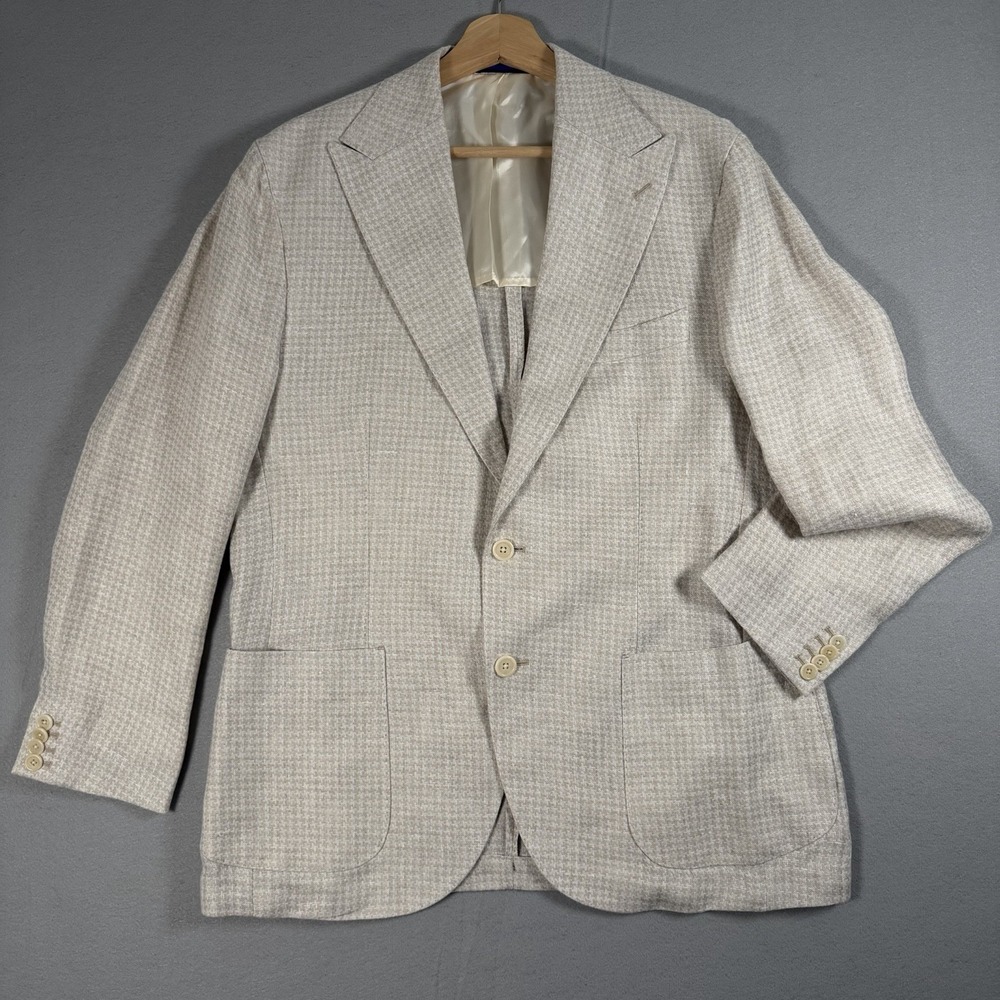 MICHELE NEGRI Blazer Mens 42 Cream Houndstooth Hemp Linen Sport Coat Designer
